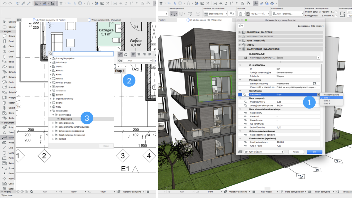 Archicad - ustawianie Właściwości elementów budynku