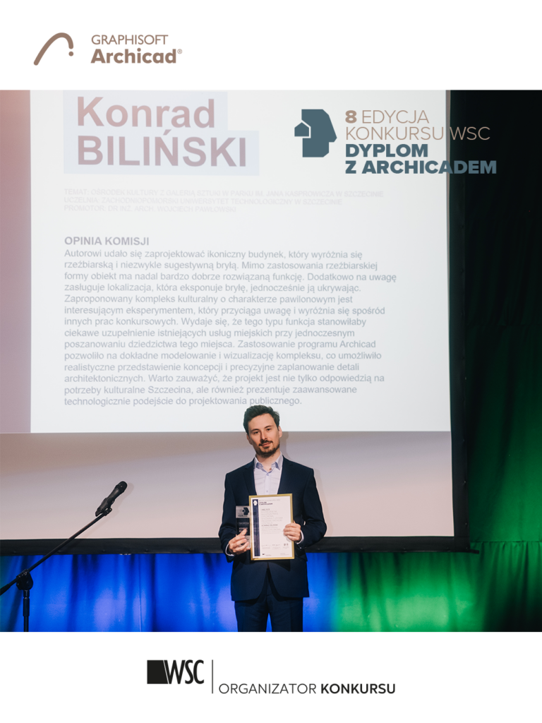 Konrad Biliński - 1 miejsce w kategorii dyplomów magisterskich - podczas wręczenia nagród podczas gali Dyplomu z Archicadem w OW SARP organizowanego przez WSC