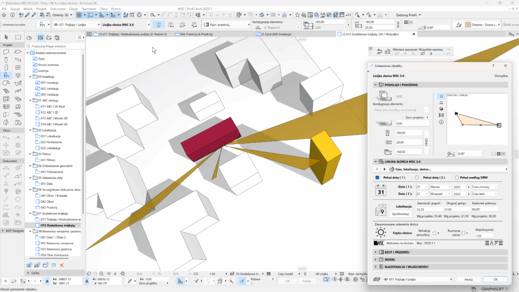 Obiekt Linijka słońca z wraz z obiektem Przesłanianie z biblioteki Narzędzia umożliwia przeprowadzenie profesjonalnej analizy czasu nasłonecznienia pomieszczeń wymaganej w Warunkach technicznych. 
