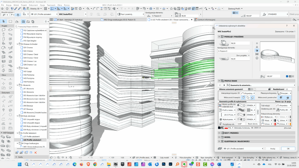 Dzięki temu zaawansowanemu obiektowi można przeciągnąć dowolny profil, również z biblioteki Profili złożonych, po wyznaczonej ścieżce 3D. Obiekt pozostaje cały czas parametryczny i pozwala na stałą edycję. 