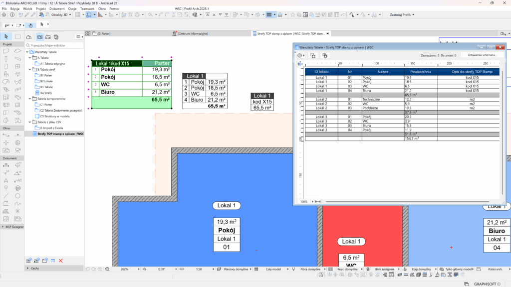 Kilka obiektów tabel uzupełnia lukę w narzędziach programu i pozwala w graficznej formie wyświetlać dowolne dane w wybranym oknie Archicada. 