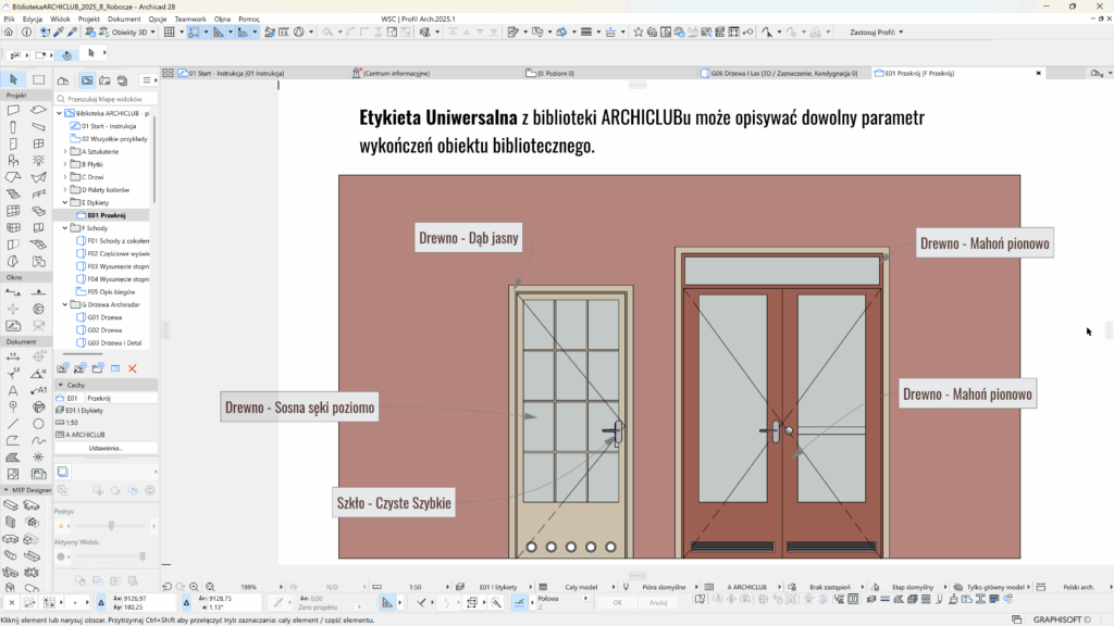 Bogaty zestaw etykiet uzupełnia znane możliwości programu, pozwoli wyświetlić powiązane z elementami dane, których nie da się standardowo uzyskać. 