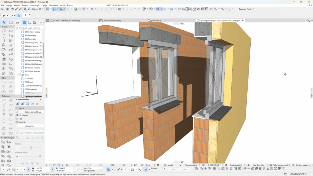 Obiekty okien i drzwi znane ze standardowej biblioteki Archicada zostały uzupełnione o dodatkowe typy oraz dodano wiele potrzebnych w codziennej pracy parametrów. 