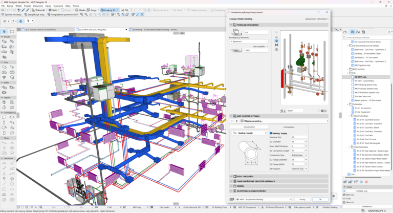 Przykładowy projekt instalacji wykonany w programie MEP Designer (materiały Graphisoft, MEP Designer)