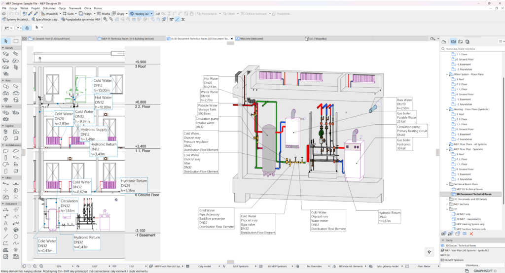 Przykładowy projekt instalacji wykonany w programie MEP Designer (materiały Graphisoft, MEP Designer)